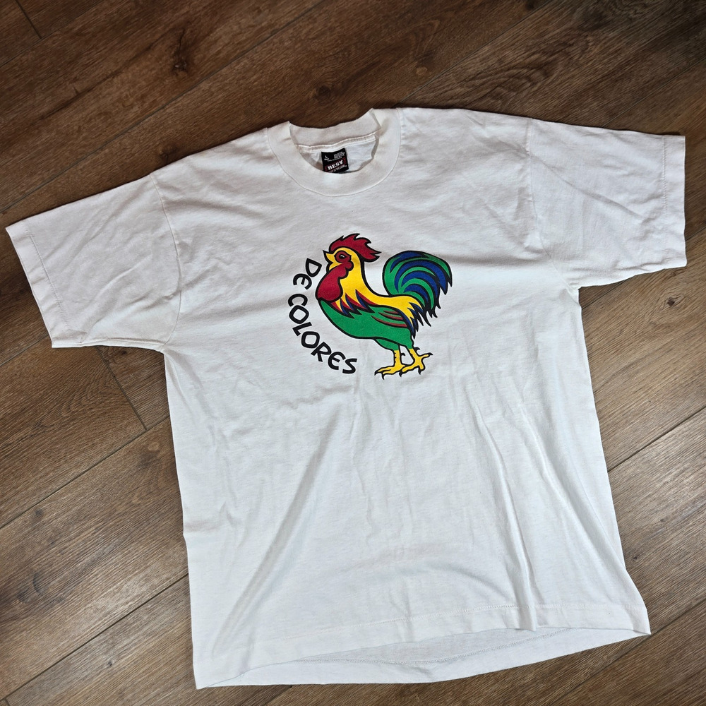 90s De Colores Rooster Chicken T Shirt Mens L Vintage Spanish Folk Song Graphic